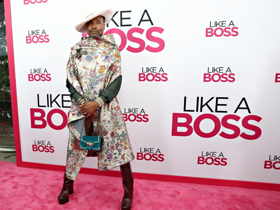 Billy Porter at the 2020 "Like a Boss" premiere in a floral dress