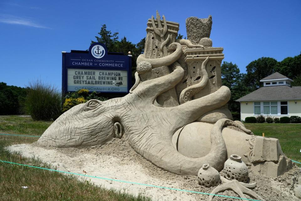 The Atlantis Rising competition will feature elaborate sand sculptures, like this one from 2022, at Misquamicut State Beach over Columbus Day weekend.