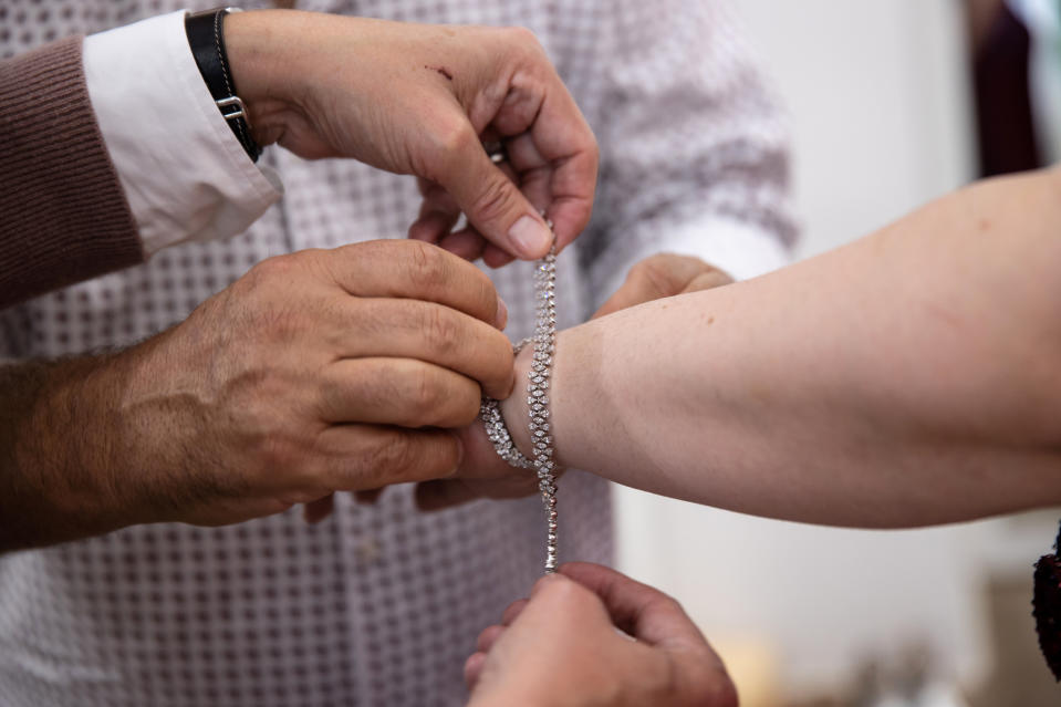 A look behind-the-scenes at Bonnie Milligan's fitting for the Tony Awards at Badgley and Mischka.