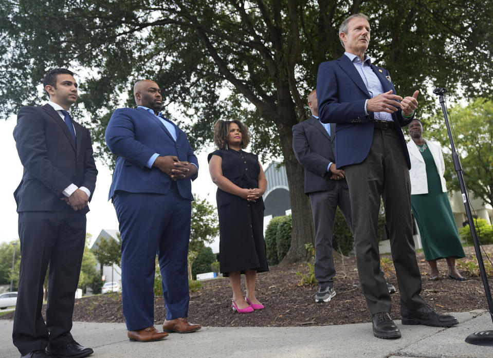 Del. Rodney Willett, D-Henrico, right, gestures during a news conference with Democratic lawmakers and candidates Thursday Sep. 21, 2023, in Richmond, Va. Every Virginia legislative seat will be on the ballot in the November election, and both parties see a possible path to a majority. (AP Photo/Steve Helber)