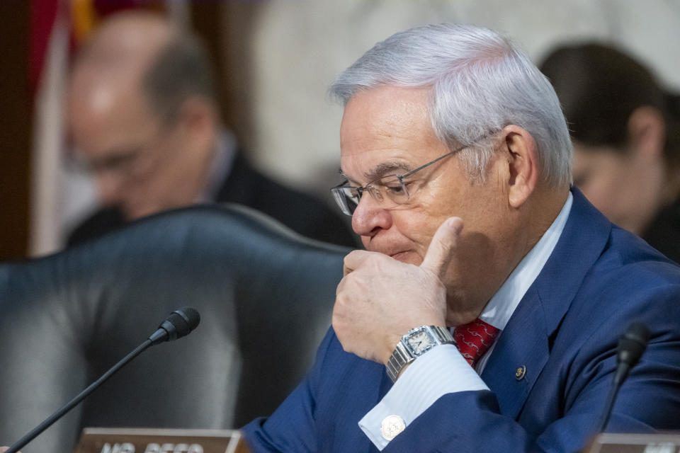 FILE - Sen. Bob Menendez, D-N.J., waits to speak during a Senate Banking, Housing, and Urban Affairs Committee oversight hearing, Wednesday, Dec. 6, 2023 in Washington. A New Jersey businessman has pleaded guilty to trying to bribe U.S. Sen. Bob Menendez. Jose Uribe entered the plea in Manhattan federal court on Friday. (AP Photo/Alex Brandon, File)