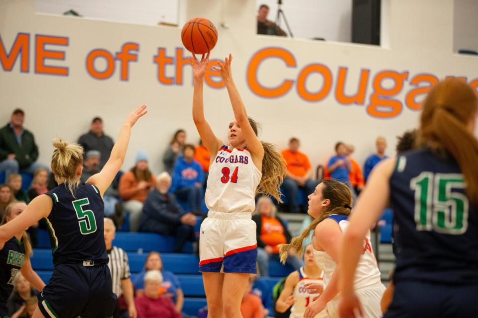 Eastland's Trixie Carroll shoots against River Ridge/Scales Mound on Thursday, Dec. 15, 2022, at Eastland High School in Lanark.