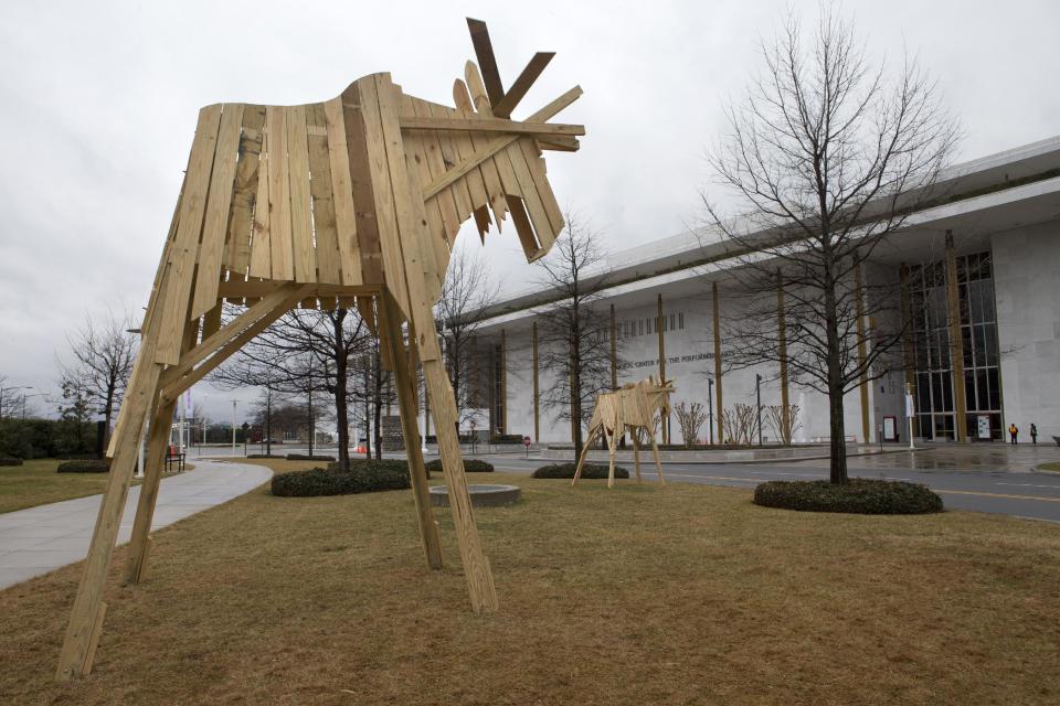 This photo taken Feb. 19, 2013, shows the exhibit "Elk Towers," by artist Juha Pykalainen, outside the Kennedy Center in Washington during a media preview of "Nordic Cool," an international festival being held at the Kennedy Center . More than 700 artists from Denmark, Finland, Iceland, Norway and Sweden, as well as Greenland, the Faroe Islands and the Aland Islands will present their work in theater, dance, music, visual arts, design, film, architecture and cuisine. (AP Photo/Jacquelyn Martin)