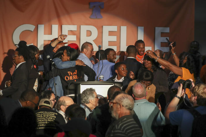 Supporters of Democratic candidate for Philadelphia mayor Cherelle Parker hug on stage after speaking on her behalf following an announcement that she would not attend her watch party due to a last-minute emergency, at Laborers' Local 332 in Philadelphia on Tuesday, May 16, 2023. Parker, a Democrat with a long political history in Pennsylvania, won the Democratic primary on Tuesday, likely setting her up as the city’s 100th mayor and the first woman to serve in the role. (Heather Khalifa/The Philadelphia Inquirer via AP)