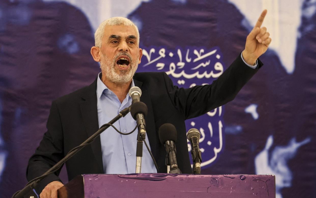 Yahya Sinwar speaks during a meeting in Gaza