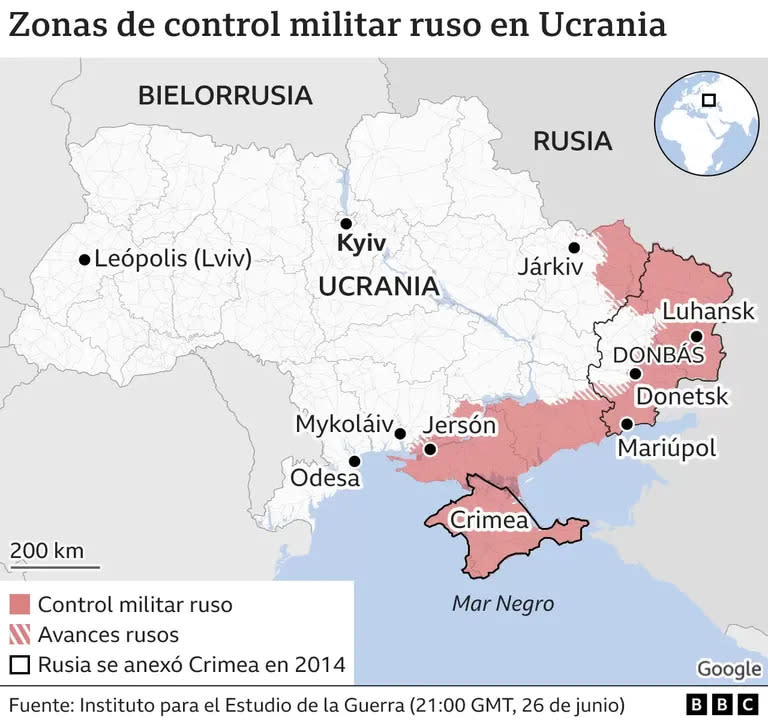 Zonas de control militar ruso en Ucrania.
