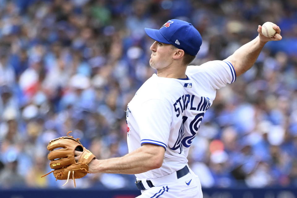 Toronto Blue Jays starting pitcher Ross Stripling throws to a Detroit Tigers batter in the first inning of a baseball game in Toronto, Saturday, July 30, 2022. (Jon Blacker/The Canadian Press via AP)
