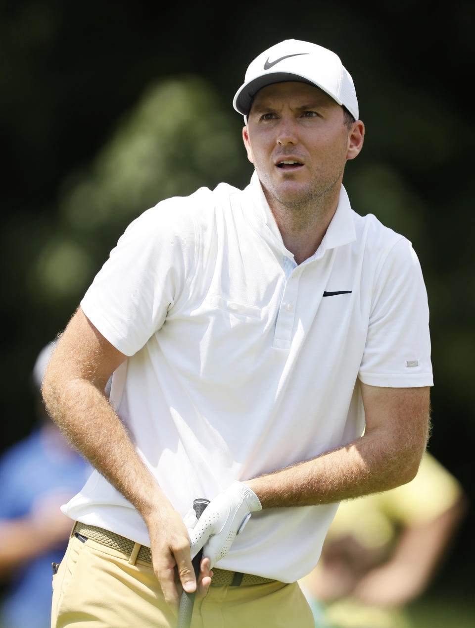 Russell Henley watches his shot off the 18th tee during the final round of the John Deere Classic golf tournament, Sunday, July 14, 2019, at TPC Deere Run in Silvis, Ill. (AP Photo/Charlie Neibergall)