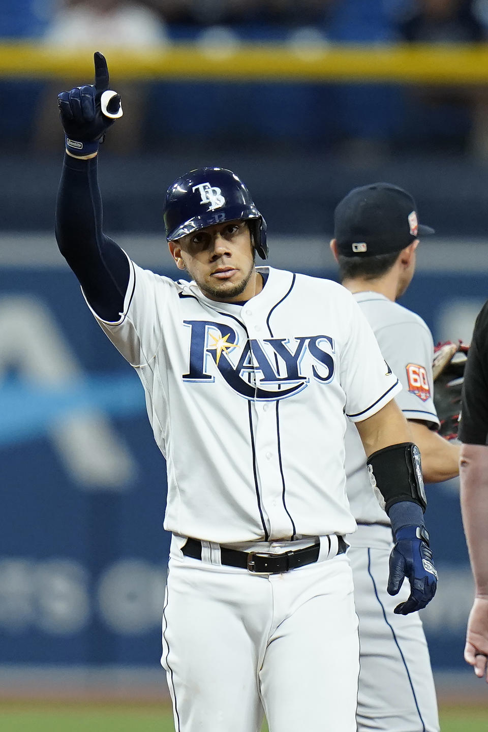 Tampa Bay Rays' Rene Pinto celebrates his double off Houston Astros starting pitcher Lance McCullers Jr. during the seventh inning of a baseball game Wednesday, Sept. 21, 2022, in St. Petersburg, Fla. (AP Photo/Chris O'Meara)