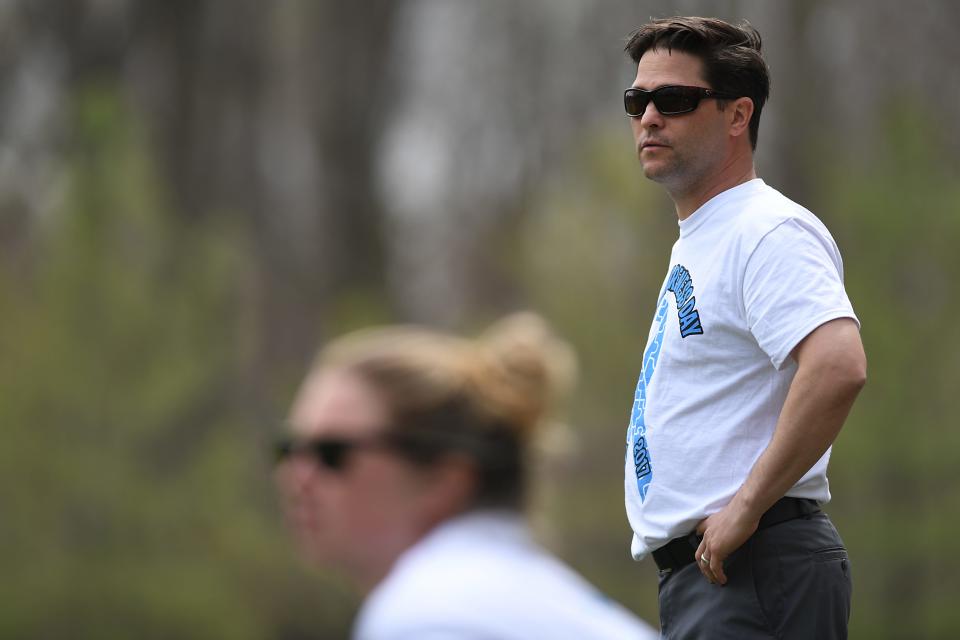 Girls lacrosse game: Glen Rock vs Westwood at Immaculate Heart Academy on Saturday, April 15, 2017.  (right) Westwood coach Jim Montegari.