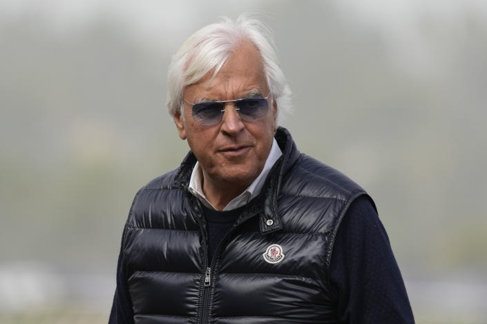 FILE - Trainer Bob Baffert waits for the Breeders' Cup horse races at Del Mar racetrack in Del Mar, Calif., Nov. 5, 2021. Taiba is the 8-1 choice in the Breeders' Cup Classic, Saturday, Nov. 5, 2022, for embattled Hall of Fame trainer Baffert, who makes his Kentucky return after serving a suspension this spring. (AP Photo/Jae C. Hong, File)