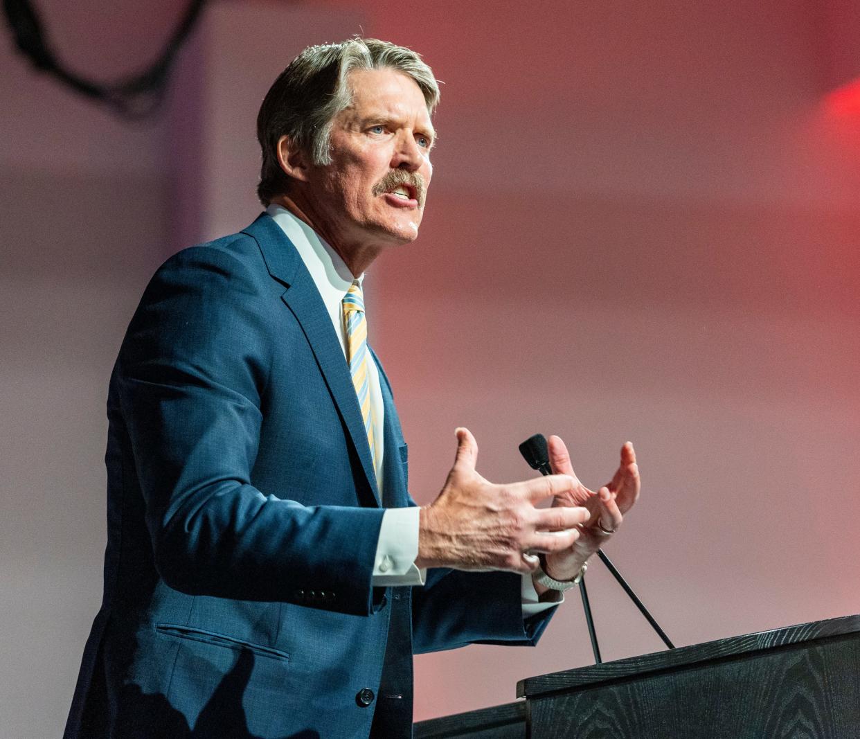 Republican U.S. Senate candidate Eric Hovde makes remarks during the 2024 Republican Party Of Wisconsin State Convention on Saturday May 18, 2024 at the Fox Cities Exhibition Center in Appleton, Wis.