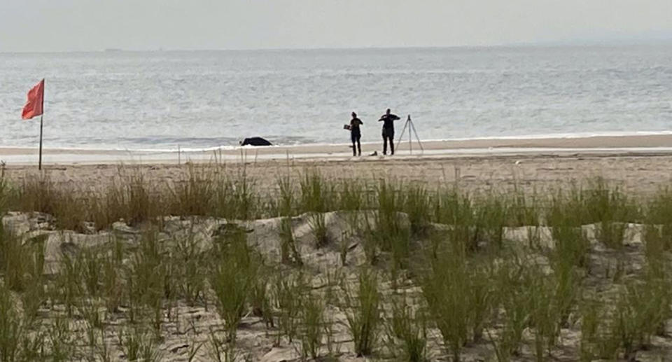 New York Police investigators examine a stretch of beach at Coney Island where three children were found dead in the surf, Monday, Sept. 12, 2022, in New York.