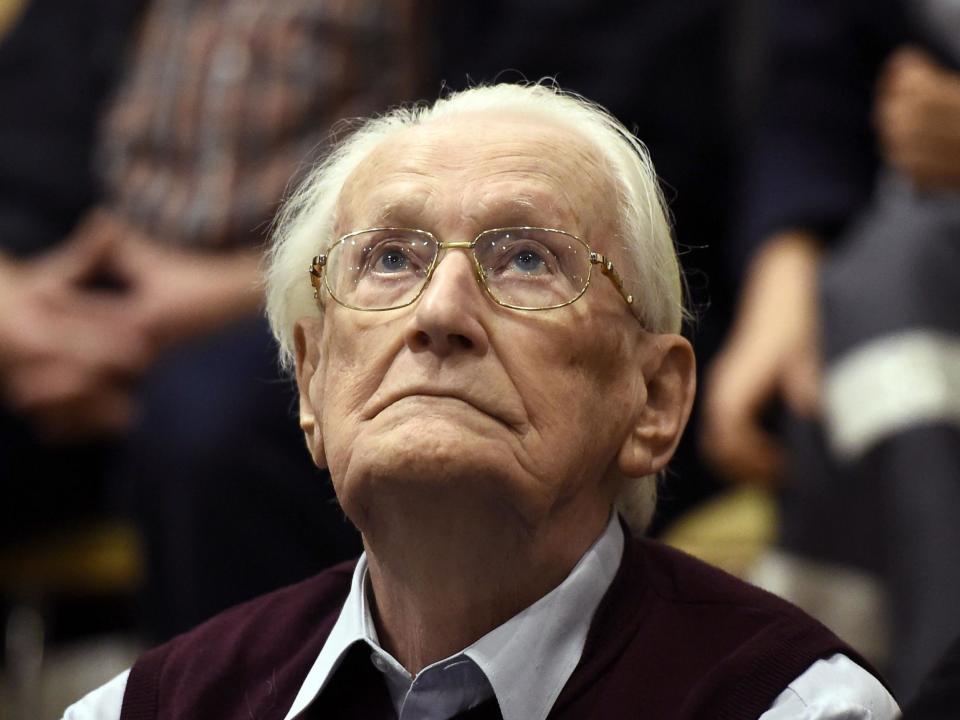 Former SS officer Oskar Groening listens to the verdict of his trial at court in Lueneburg, northern Germany, in 2015: AFP/Getty Images