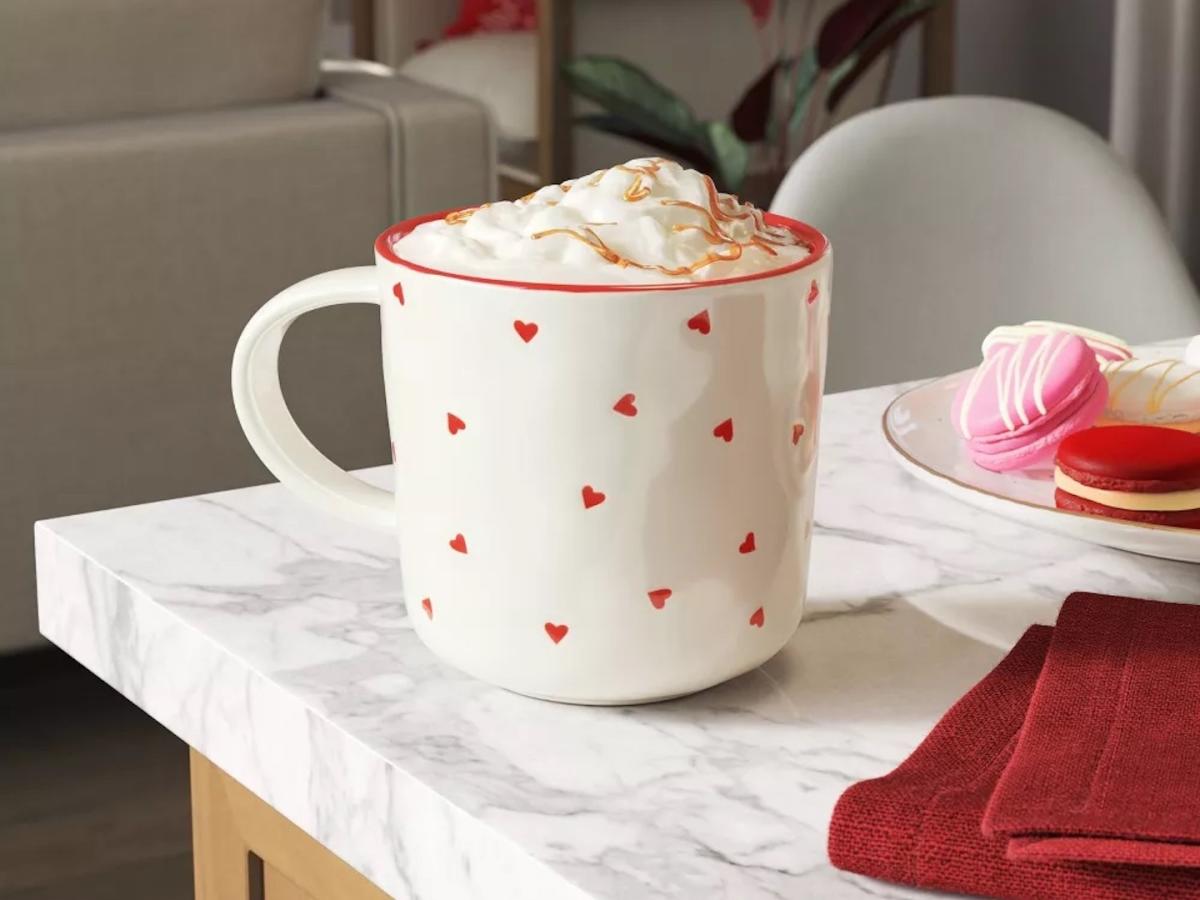 Hot Coffee Cup With Hearts . Valentines Day Coffee Cup . Color