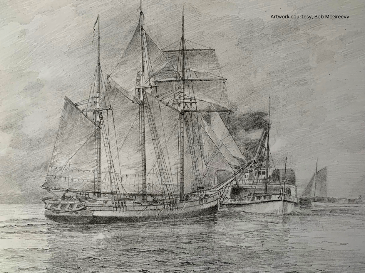 A drawing done by Bob McGreevy shows the Nucleus, a ship that sank in Lake Superior, but was found by the the Great Lakes Shipwreck Historical Society in Paradise.