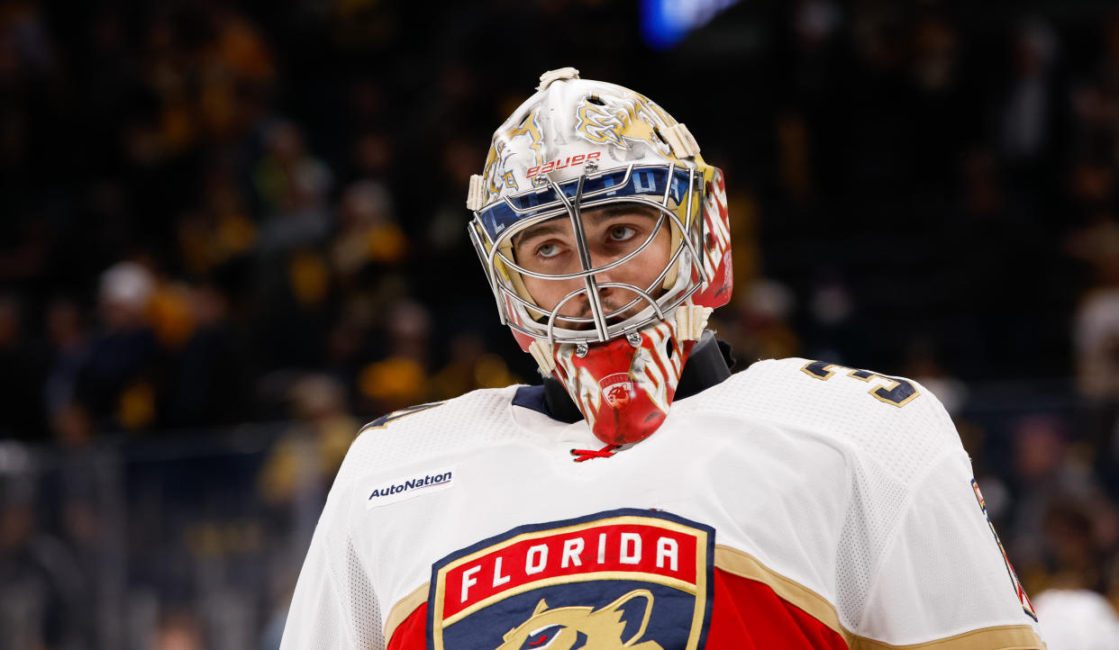   Alex Lyon #34 of the Florida Panthers skates in warm-ups prior to the next game in the 2023 Stanley Cup playoffs  