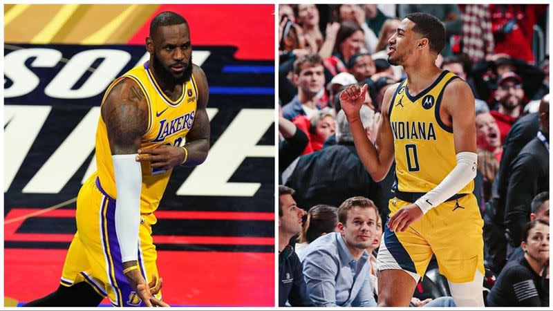 LeBron James of the Lakers, Tyrese Haliburton of the Pacers.  (Combined picture/reproduced from the official X of the Lakers and Pacers)