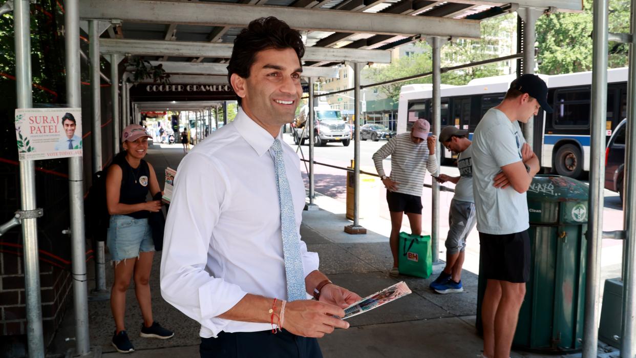 Suraj Patel is pictured while campaigning at 23rd St. and First Ave. Tuesday, Aug. 23, 2022.
