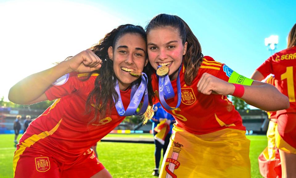 <span>Celia Segura and Amaya García Gómez celebrate after <a class="link " href="https://sports.yahoo.com/soccer/teams/spain-women/" data-i13n="sec:content-canvas;subsec:anchor_text;elm:context_link" data-ylk="slk:Spain;sec:content-canvas;subsec:anchor_text;elm:context_link;itc:0">Spain</a> became the European Women's Under-17 champions.</span><span>Photograph: Tyler Miller/Sportsfile/Uefa/Getty Images</span>