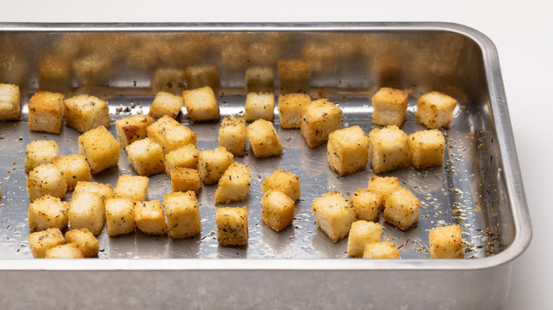 croutons in a baking tray