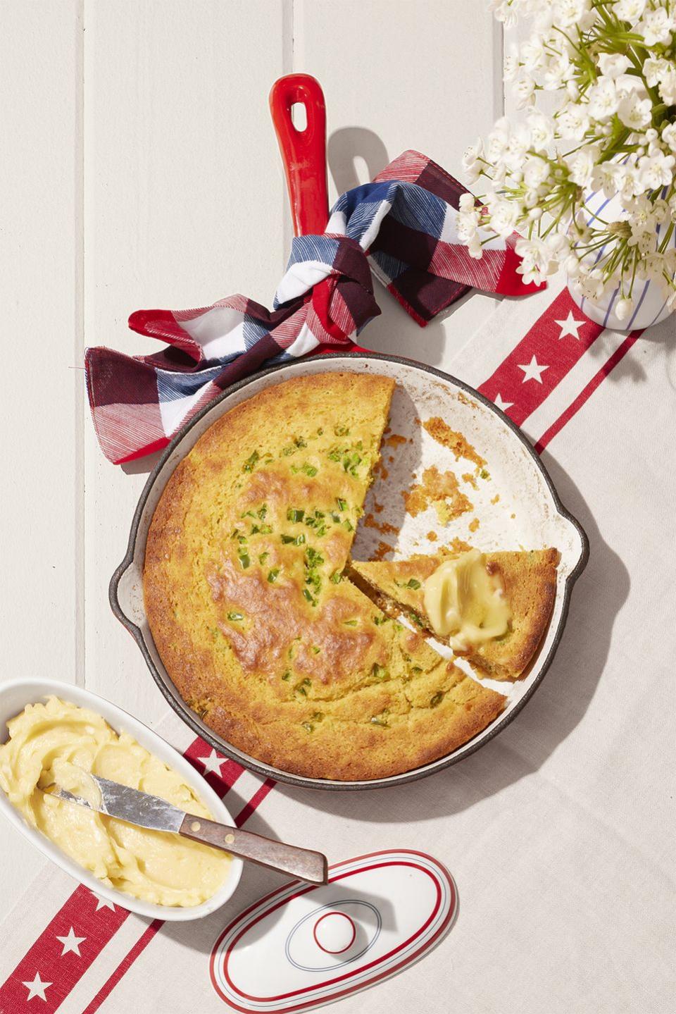 a pan of cornbread on a table