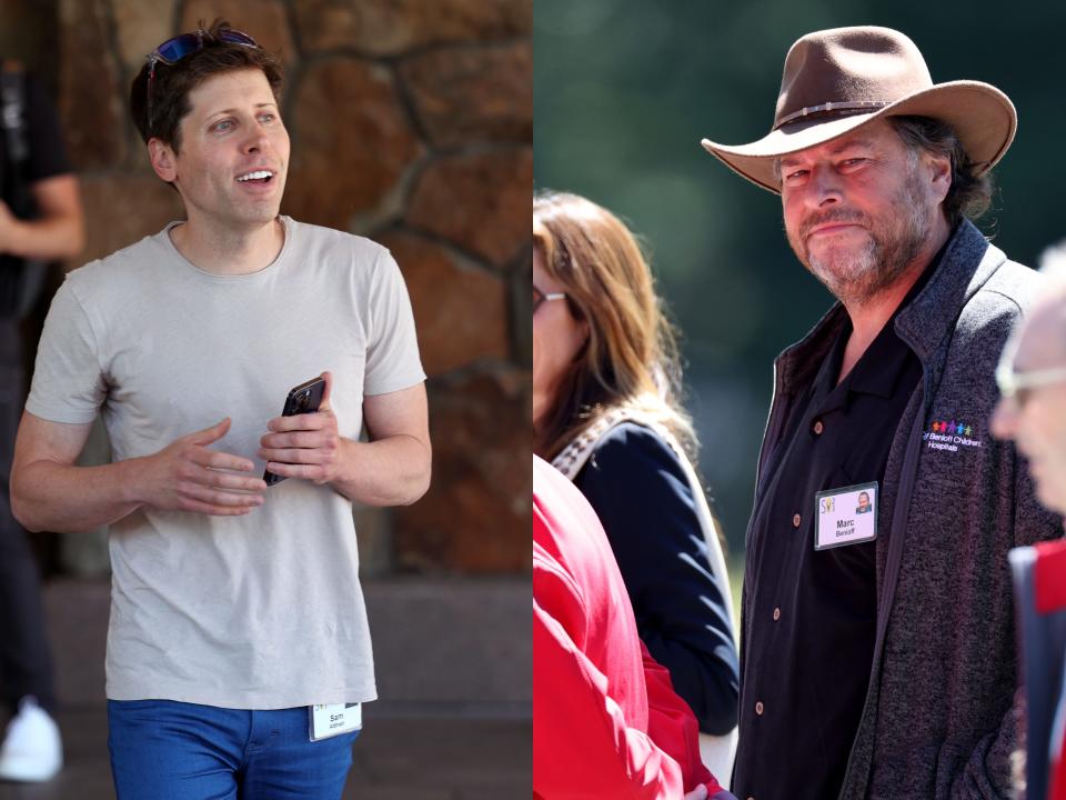 A composite image of Sam Altman (left) and Marc Benioff (right)