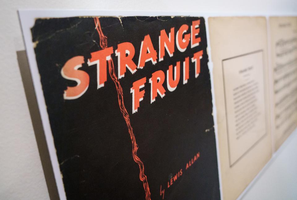 On display Tuesday, Aug. 8, 2023, inside the "Unmasked: The Anti-Lynching Exhibits of 1935 and Community Remembrance in Indiana" at the Crispus Attucks Museum is Strange Fruit sheet music by Lewis Allan.