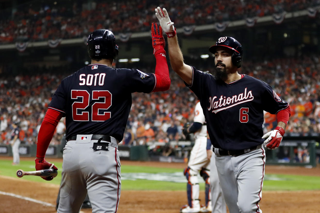 Anthony Rendon (right) and Juan Soto drove in seven combined run in the Nationals World Series Game 6 win. (Photo by Rob Tringali/MLB Photos via Getty Images)