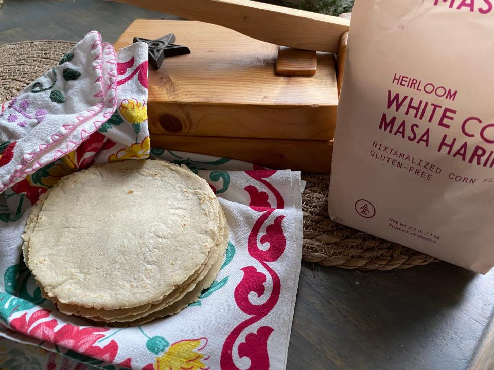 One would not think that there are only two ingredients in a corn tortilla, but that’s it, masa harina and warm water.