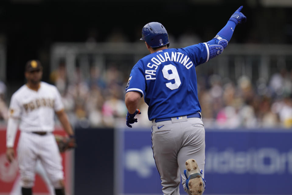 Kansas City Royals' Vinnie Pasquantino celebrates after hitting a two-run home run during the sixth inning of a baseball game against the San Diego Padres, Wednesday, May 17, 2023, in San Diego. (AP Photo/Gregory Bull)