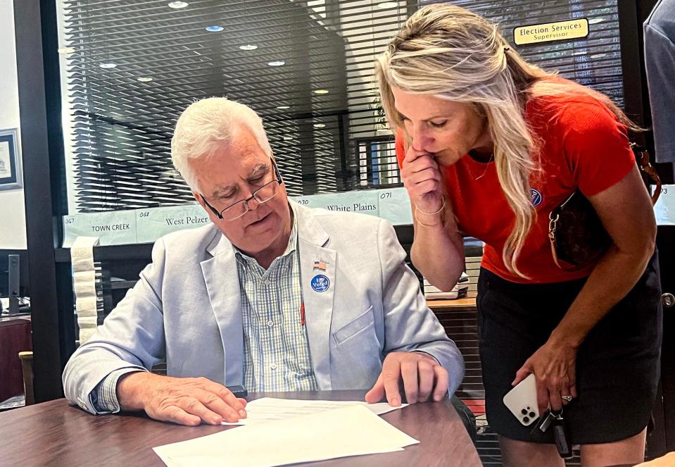 Dan Harvell, left, views voting results with April Cromer, the incumbent state representative in Seat 6, right, at the Anderson County voter registration election in Anderson, S.C., Tuesday, June 11, 2024.