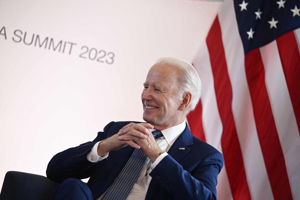 US President Joe Biden attends a bilateral meeting with Australia's Prime Minister Anthony Albanese as part of the G7 Leaders' Summit in Hiroshima on May 20, 2023. (Photo by Brendan SMIALOWSKI / AFP) (Photo by BRENDAN SMIALOWSKI/AFP via Getty Images) ORIG FILE ID: AFP_33FM3MN.jpg