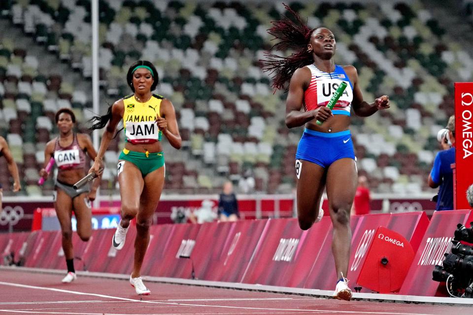 Lynna Irby (USA) in the women's 4x400 relay round 1 during the Tokyo 2020 Olympic Summer Games at Olympic Stadium on Aug. 5 2021.  Mandatory Credit: James Lang-USA TODAY Sports.