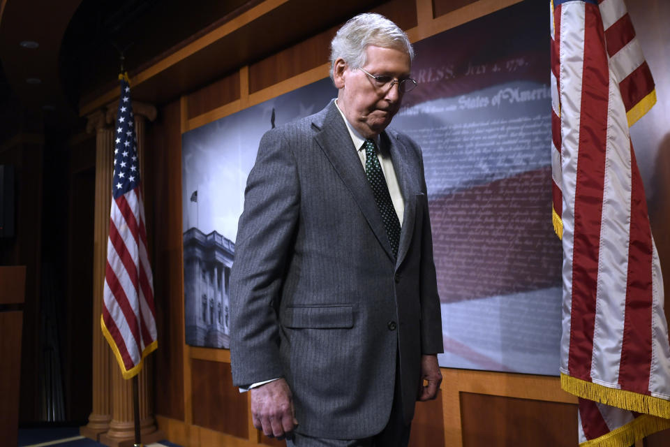 Senate Majority Leader Mitch McConnell of Ky., leaves following a news conference on Capitol Hill in Washington, Wednesday, March 6, 2019. McConnell is opposed to H.R. 1, the first bill of the new House majority that tackles campaign finance reforms and other issues. (Photo: Susan Walsh/AP)