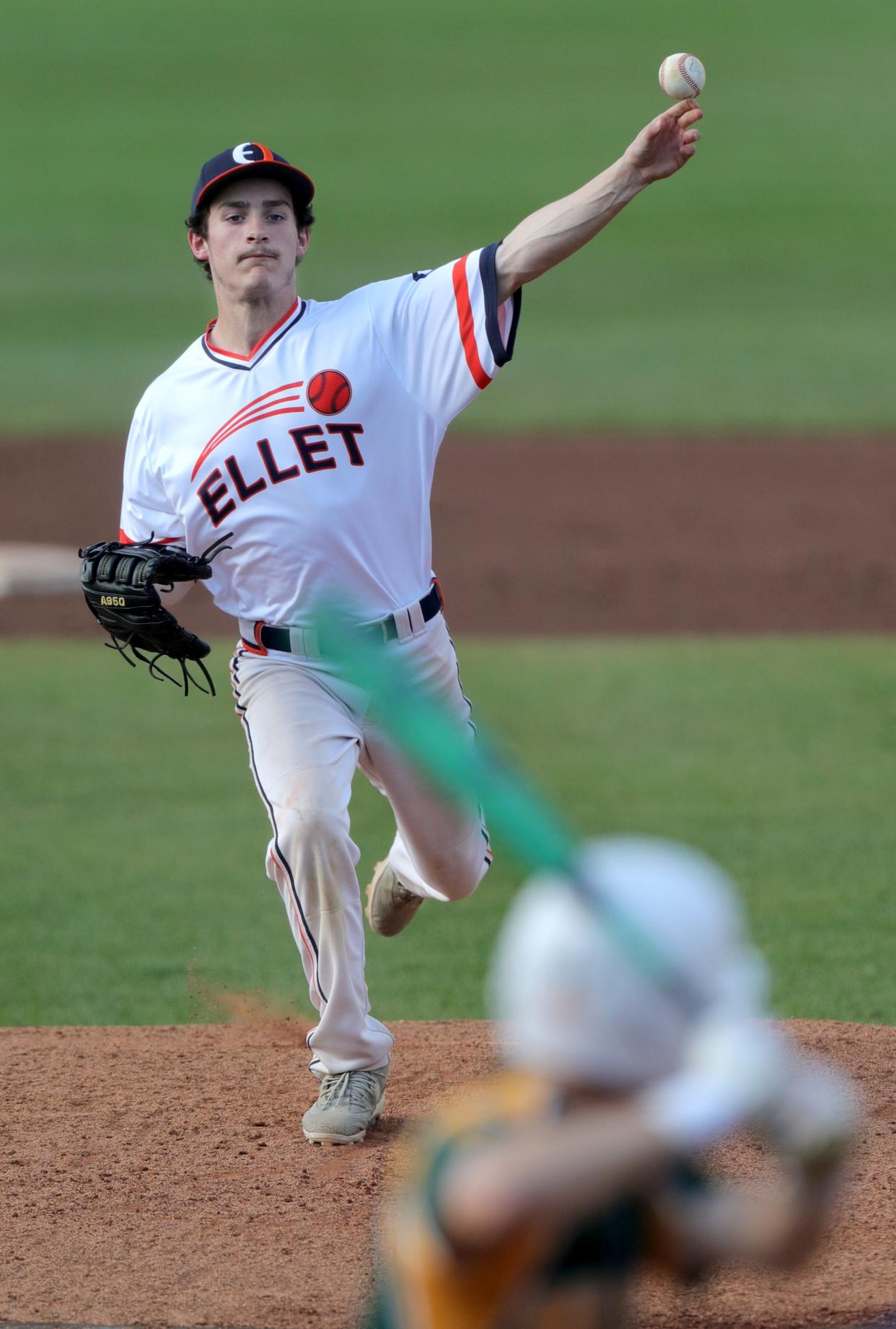 Ellet pitcher Logan Wilson throws a first inning pitch against Firestone in the City Series Baseball Showcase on Saturday, April 27, 2024, in Akron, Ohio, at Canal Park. [Phil Masturzo/ Beacon Journal]