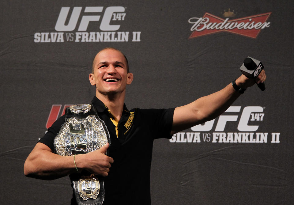 BELO HORIZONTE, BRAZIL - JUNE 22:  UFC Heavyweight Champion Junior dos Santos interacts with fans during a Q&A session before the UFC 147 weigh in at EstÃ¡dio Jornalista Felipe Drummond on June 22, 2012 in Belo Horizonte, Brazil.  (Photo by Josh Hedges/Zuffa LLC/Zuffa LLC via Getty Images)