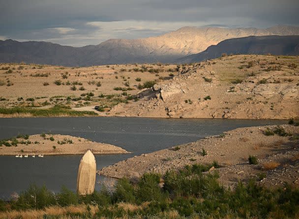 PHOTO: A sunken boat is re-emerged during low water levels, April 12, 2023, in Lake Mead National Recreation Area, Nevada. (The Denver Post/MediaNews Group via Getty Images)