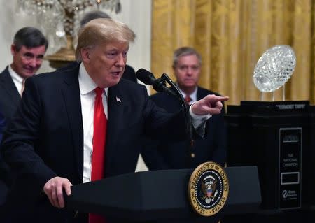 Jan 14, 2019; Washington, DC, USA; President Donald Trump speaks at a ceremony honoring the college football playoff champion Clemson Tigers in the East Room of the White House. Mandatory Credit: Brad Mills-USA TODAY Sports