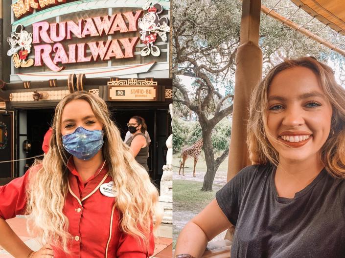 side by side photos of kayleigh working in hollywood studios and riding safari in animal kingdom