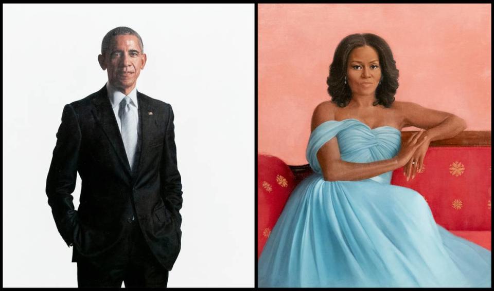 Esta combinación de fotos muestra los retratos oficiales de la Casa Blanca del ex presidente Barack Obama, realizados por el artista Robert McCurdy, y de la ex primera dama Michelle Obama, realizados por la artista Sharon Sprung, durante una ceremonia en el Salón Este de la Casa Blanca, el miércoles 7 de septiembre. , 2022, en Washington. (Foto AP/Andrew Harnik) Andrew Harnik/AP