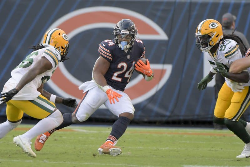 Chicago Bears running back Khalil Herbert (C) will have limited fantasy football upside as he continues to split carries. File Photo by Mark Black/UPI
