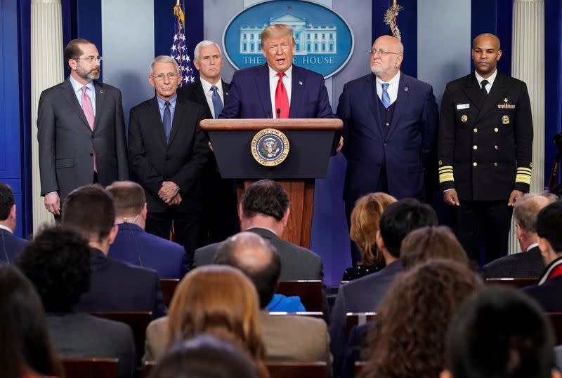 FILE PHOTO: U.S. President Trump speaks during a news conference on the coronavirus outbreak in Washington