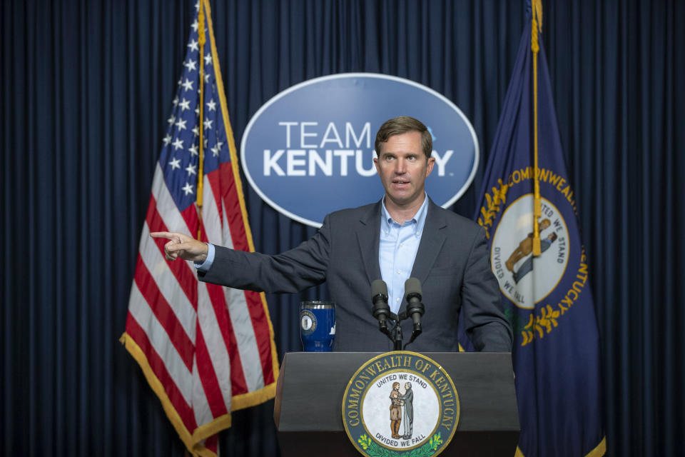 Kentucky Gov. Andy Beshear speaks during a media briefing about the COVID-19 pandemic at the state Capitol in Frankfort, Ky., on Monday, Aug. 23, 2021. (Ryan C. Hermens/Lexington Herald-Leader via AP)