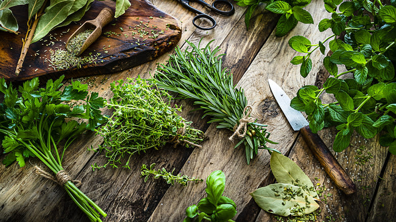 fresh herbs on wooden board