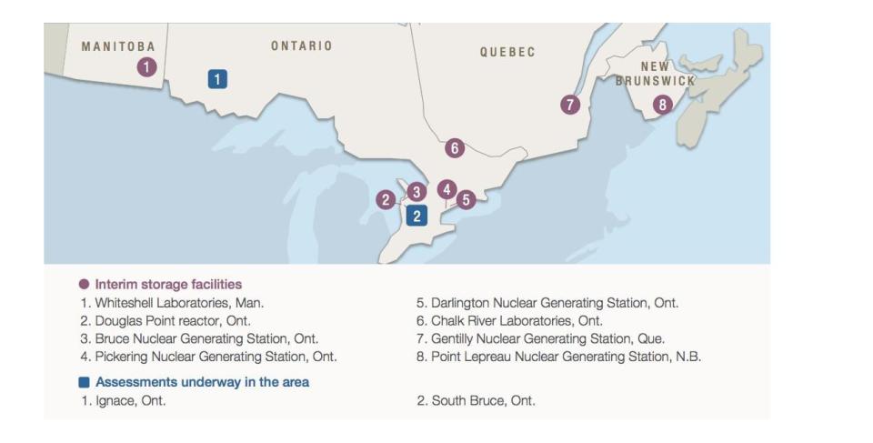 This map taken from the NWMO's proposed transportation plan shows the relative geographic position of interim storage sites and the two Ontario communities being considered as a permanent site to store Canada's nuclear waste. 