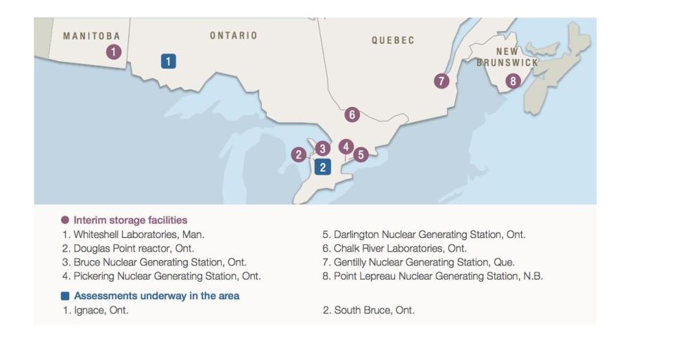 This map taken from the NWMO's proposed transportation plan shows the relative geographic position of interim storage sites and the two Ontario communities being considered as a permanent site to store Canada's nuclear waste.
