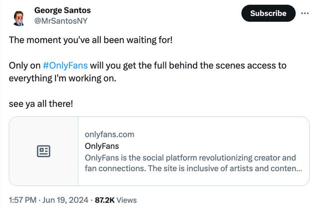 <p>George Santos/X</p> George Santos announced he created an OnlyFans page