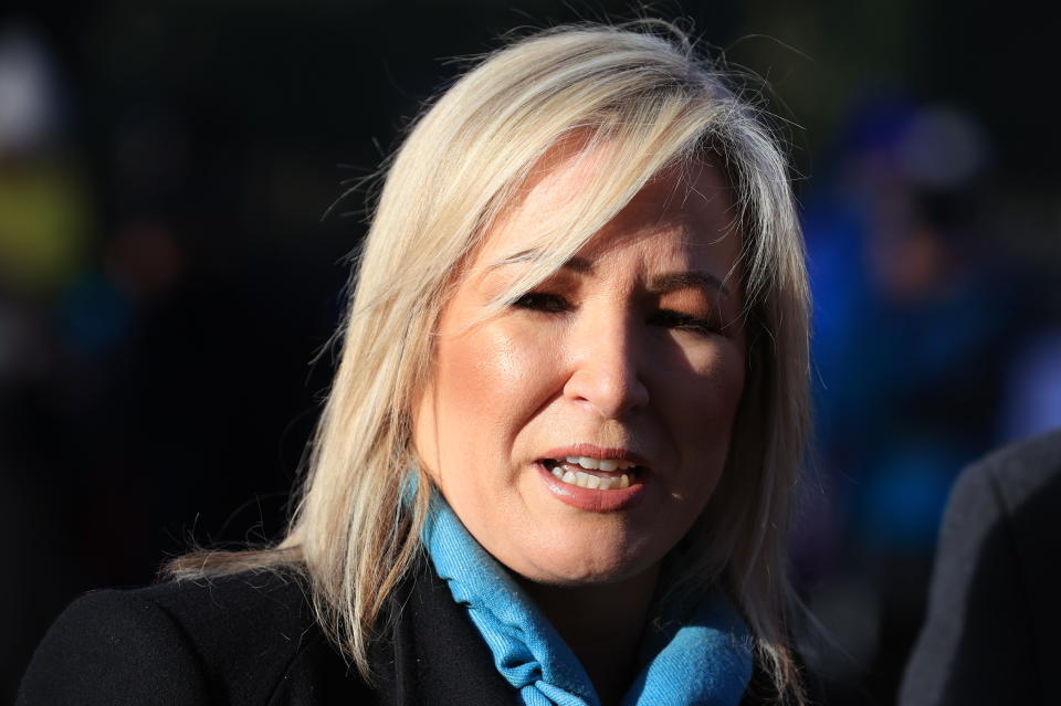 Sinn Fein vice-president Michelle O'Neill speaking to the media outside Hillsborough Castle after meeting with Northern Ireland Secretary Chris Heaton-Harris who is meeting political parties over the Stormont stalemate. Picture date: Monday January 15, 2024. (Photo by Liam McBurney/PA Images via Getty Images)