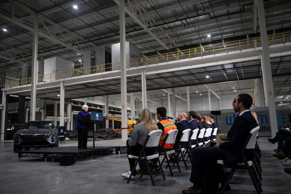 Secretary of Treasury Janet L. Yellen speaks  during her visit at Ultium Cells battery plant  in Spring Hill , Tenn., Wednesday, Feb. 8, 2023. Secretary Yellen addressed the Inflation Reduction Act along with other Biden-Harris administration policies pushing towards investments in clean energy manufacturing and battery production. 